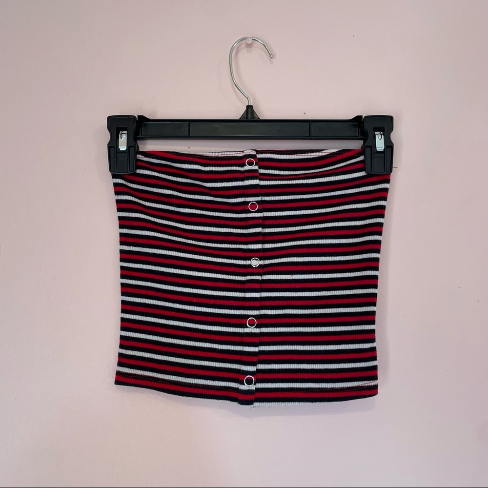 Striped faux button up bandeau top